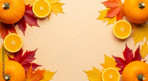 Corner composition of pumpkins, sliced oranges, and colorful autumn leaves on a light background