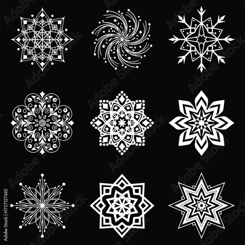Decorative Mandala Style Snowflake Icons Set on Black