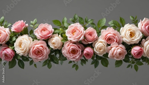 A beautiful border of pink roses and green leaves on a gray background creates a soft and romantic floral design, perfect for adding a touch of elegance