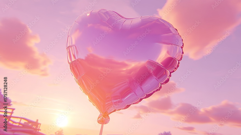 Obraz premium Heart-Shaped Balloon Rising Gracefully into a Beautiful Pastel Sky, Celebrating Love and Serenity