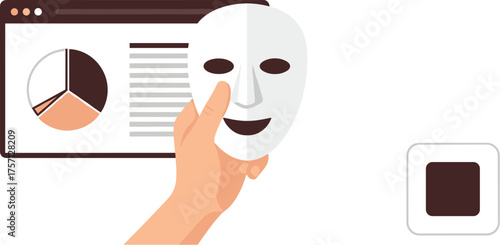 Deceptive Analytics Displayed on Webpage with Mask, Hiding Facts & Figures, Implying Corporate Fraud or Misleading Financial Statistics, Manipulated Data in Business Environment, Conceptual Illustrati