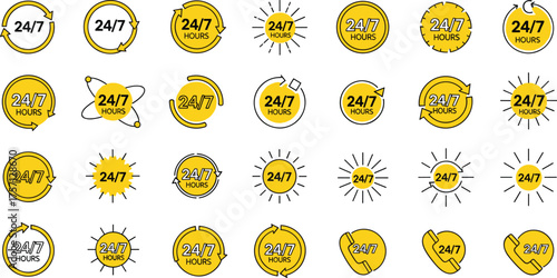 24/7 Service Icons Vector Collection: Round-the-Clock Availability, Support, Assistance, Open 24 Hours, Customer Care, and Global Communication in Modern Design for Business, Retail, E-Commerce, and C