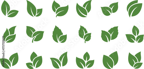 Assorted Green Leaves Icons Arranged on White Background for Eco-Friendly Design Projects, Representing Growth, Nature, and Sustainability in Environmental Business and Healthcare Initiatives, Perfect