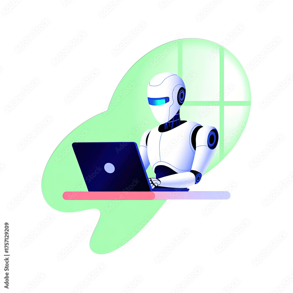 Obraz premium Futuristic robot working on a laptop, envisioning technology's potential future today