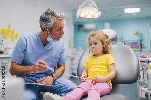 Pediatric dentist engages with young patient, sharing dental care tips and demonstrating toothbrush use, camera captures interaction with a gentle zoom in