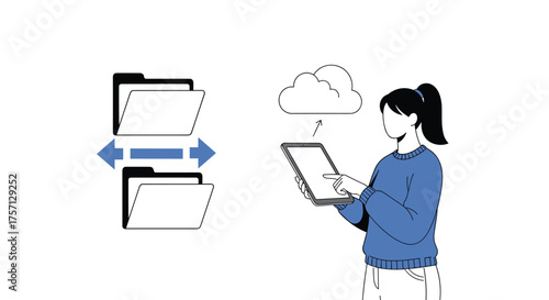 Woman Syncing Data to Cloud Storage on Tablet for File Management, Data Transfer Between Folders, Modern Digital Workflow, Technology Solutions for Business, Professional Productivity, Virtual Collabo