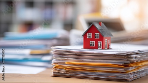 Home on paperwork: A small red house sits atop stacked files, symbolizing real estate, mortgages, or property transactions. Documents & dwelling intertwine.
