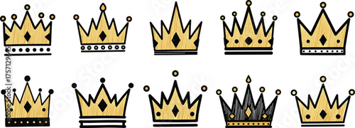 Hand-Drawn Golden Crown Collection Isolated on White Background - Royalty Design Elements for Graphic Projects and Celebrations, Birthday, Decoration, Symbol of Authority, Success, Leadership, Winner,