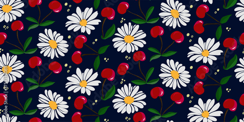 Cherry fruit and daisy flower design textile or wallpaper. Vector seamless pattern