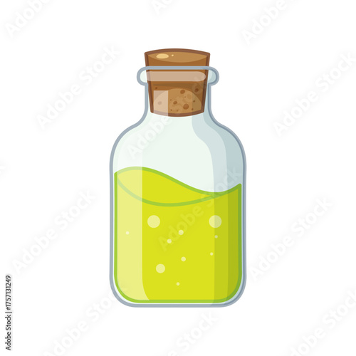 A cartoon-style illustration of a glass bottle filled with a bubbling yellow liquid and sealed with a cork stopper