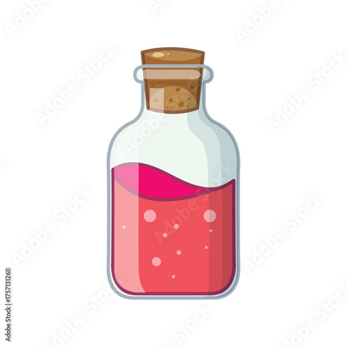 A small glass bottle filled with a pink liquid and small bubbles, sealed with a cork stopper