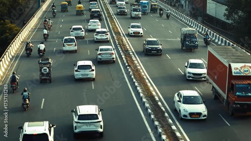 Cinematic view of vehicles on Delhi flyover road