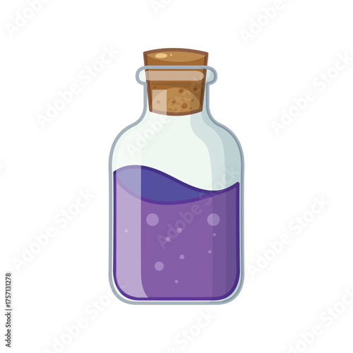Glass bottle with cork stopper filled with purple liquid and bubbles, flat vector illustration