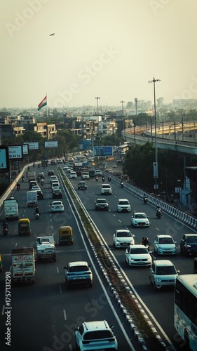 Vertical drone footage of Delhi flyover with moving traffic