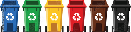 Recycling Bins Row for Waste Management in Eco-Friendly Environment, Promoting Sustainability and Environmental Awareness. Colored Containers for Garbage Sorting, Reduction, and Reuse in a Circular Ec