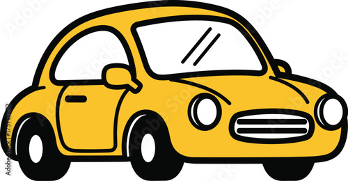 Yellow Car Illustration Driving Forward with Black Outlines in a Cartoon Style, Automotive Industry, Transport Design Element for Children's Books and Educational Materials, Road Trip, Transportation,