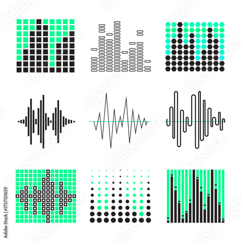 Collection of nine abstract sound wave and equalizer graphic icons for audio visualization and sound technology