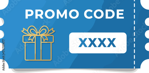 Attractive Blue Promo Code Coupon Graphic for E-commerce Discounts, Special Offers and Deals, Online Shopping Voucher for Marketing Campaigns and Advertising, Business Sales Promotion with Gift Icon,