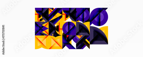 Abstract geometric composition. Purple, yellow shapes overlap creating dynamic visual texture. Modern design, bold colors, intriguing patterns.