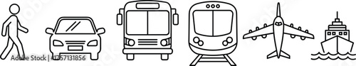 Diverse Transportation Icons: Walking, Car, Bus, Train, Airplane, and Ship Representing Different Modes of Transport for Travel and Logistics,  Sustainable Mobility Solutions, Infographics, Business P