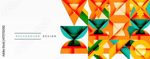 Abstract geometric pattern. Orange, teal, yellow shapes overlap creating modern design. Clean white background enhances visual impact.