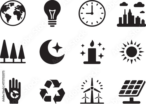 Eco concept icons: planet, energy, time, city, nature