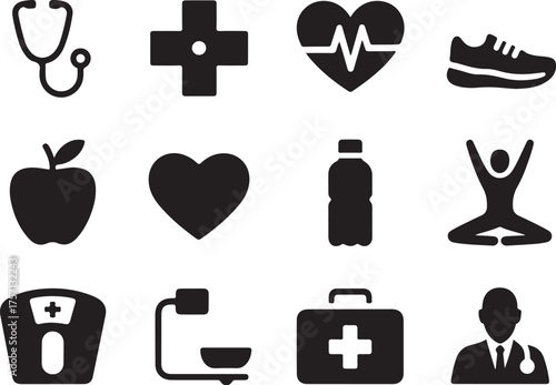 Health icons: fitness, medicine, wellness, doctor, care