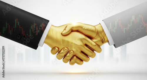 Golden handshake with stock market chart overlay representing financial deal, investment, or partnership in trading business