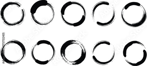 Abstract Ink Circles Painted with Brush Strokes in Graphic Design Element Set, Black Rings for Asian Zen Symbol, Sumi-e Inspired Art for Logo Design, Business, and Presentations. Vector Shapes for Mod