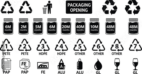 Packaging Recycling Symbols Isolated Illustration: Eco-Friendly Products and Disposal Guidelines for Sustainability and Environmental Responsibility, with Biodegradable Materials, Eco Awareness, and R