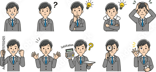 Diverse Businessman Character Set: Expressing Emotions, Thinking, Problem-Solving in Business Settings, Illustrating Professional Scenarios & Communication, Ideal for Presentations, Website Design, Ma