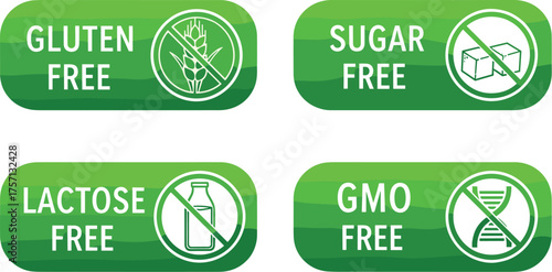 Food Allergen Labeling Icons Set Representing Gluten-Free, Sugar-Free, Lactose-Free, and GMO-Free Dietary Restrictions for Packaging, Health, Nutrition, Wellness, Product Information & Modern Lifestyl
