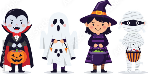 Vector art of cute halloween characters trick or treating