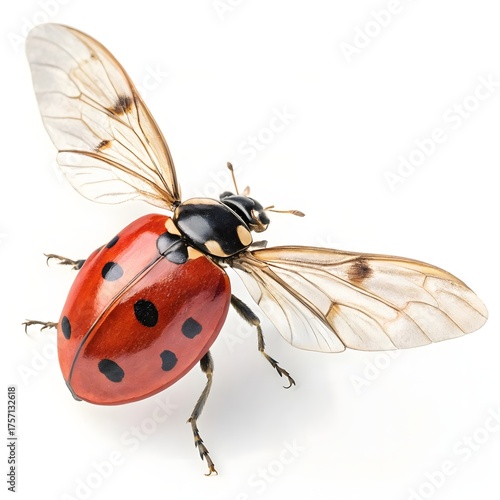 Ladybug taking flight isolated on white background, showing its delicate wings