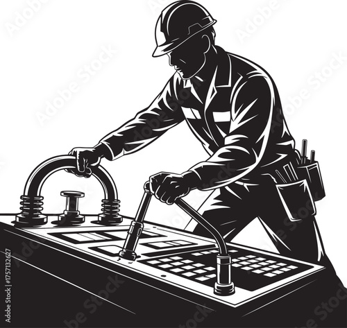 Worker operating complex machinery with levers and buttons hardhat uniform