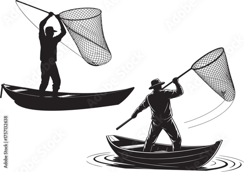 Fishermen in boats with nets catching fish fisherman fishing