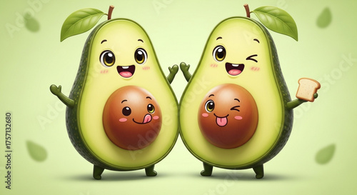 Two adorable avocado characters holding hands, one holding a toast, with happy expressions, on a light green background