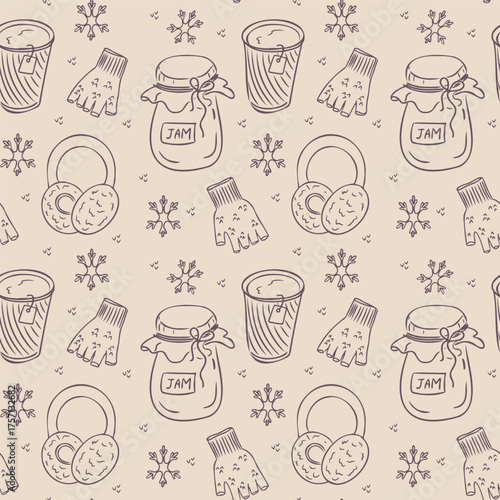 Seamless hand drawn winter pattern with tea cups, jam jars, mittens and cookies on beige background, cozy seasonal doodle. Concept of warmth, comfort and homemade winter design