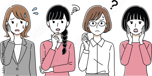 Worried Businesswomen Confused and Pondering Problems in the Workplace, Expressing Concern and Uncertainty, Thinking Hard About Solutions, Modern Line Art Illustration for Presentation, Meeting, or Co