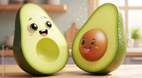 Two cute avocado characters with happy expressions, one cut in half to reveal a smiling pit, on a kitchen counter