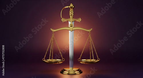 Golden scale of justice with a sword on a dark background, representing law, order, and the power of justice