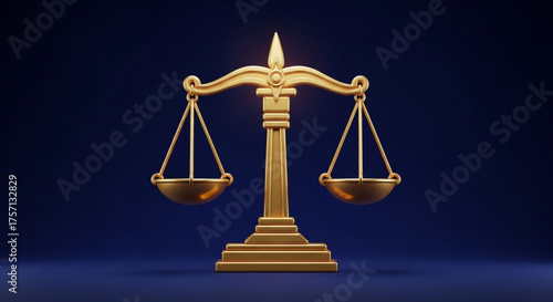 Golden scale of justice on a dark blue background, symbolizing law, fairness, and the balance of legal principles
