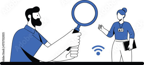 Business professional conducting data analysis with a magnifying glass, meeting with colleague in modern office setting, representing research, collaboration, and technological innovation, showcasing