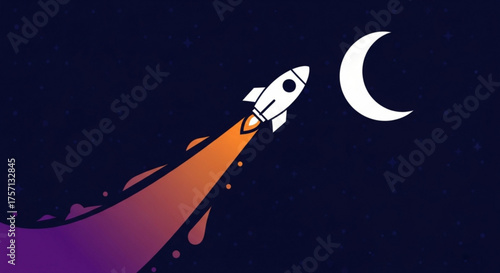 A rocket ship soars through the night sky, leaving a trail of vibrant colors as it heads towards the moon