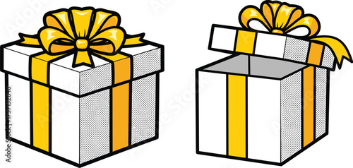 Festive Gift Boxes in Pop Art Style: Celebrating Holiday Cheer, Birthdays, and Special Occasions with Colorful Presents for Marketing Materials, Invitations, and Retro-Themed Greetings, Featuring Ribb
