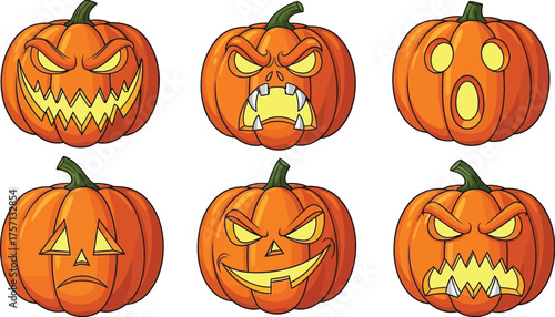 Vector art of six carved halloween pumpkins with various scary faces
