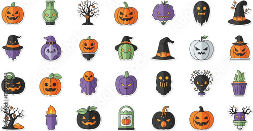 Vector art of assortment of halloween icons with pumpkins, ghosts, and witches