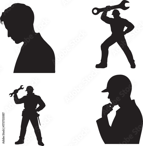 Silhouettes of men with tools and thoughtful poses worker wrench