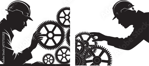 Silhouettes of workers interacting with gears mechanism industrial