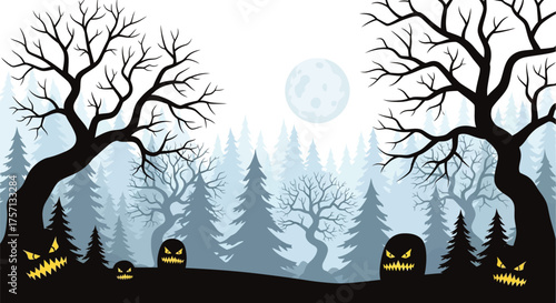 Vector art of spooky forest scene with silhouetted trees and jackolanterns at night